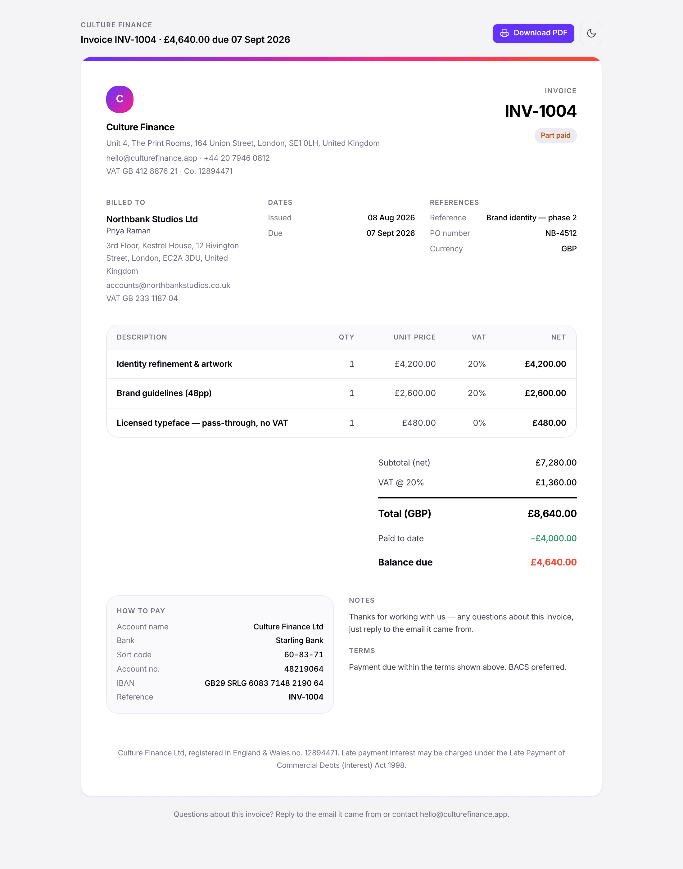 A Culture Finance invoice showing line items, VAT bands, totals, balance due and bank payment details